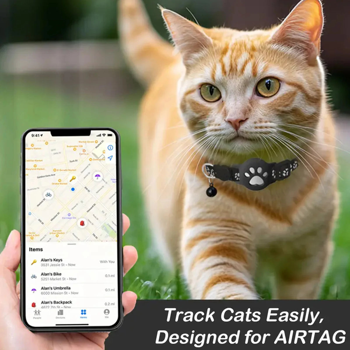 Waterproof I YAN electronic pet locator with bell kit on a kitten collar, designed for tracking cats via iOS and Android devices.
