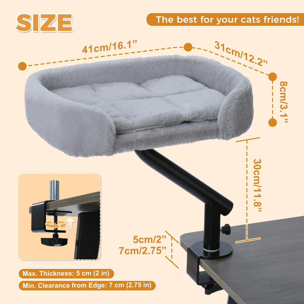 Soft I YAN cat desk bed on a table, featuring a 360° rotatable stand and adjustable hammock for comfy indoor feline lounging.
