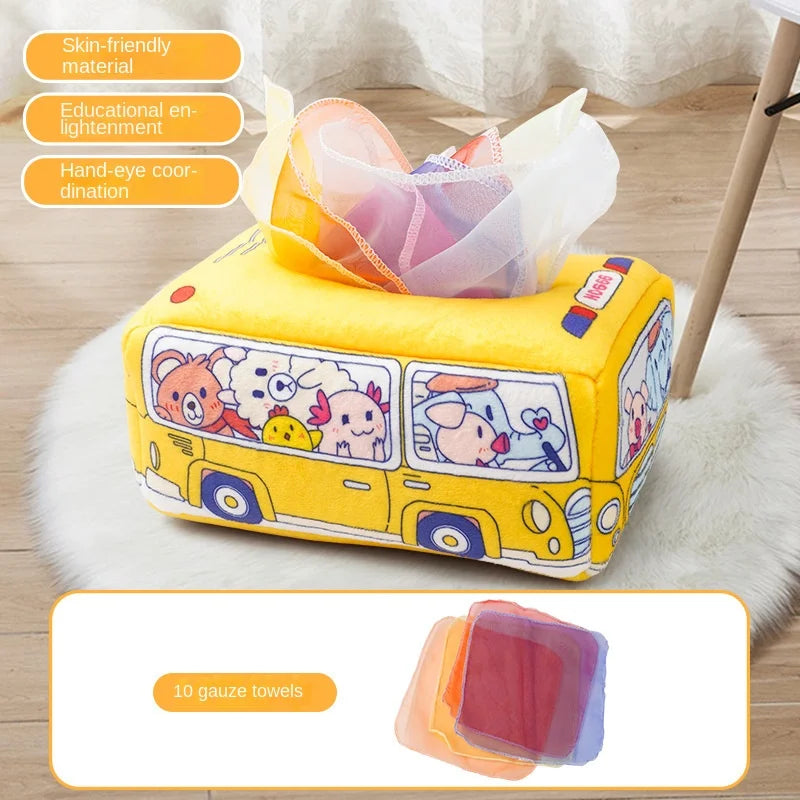Baby Montessori Magic Tissue Box by I YAN, sensory learning toy for fine motor skills with colorful tissue slots and engaging design.