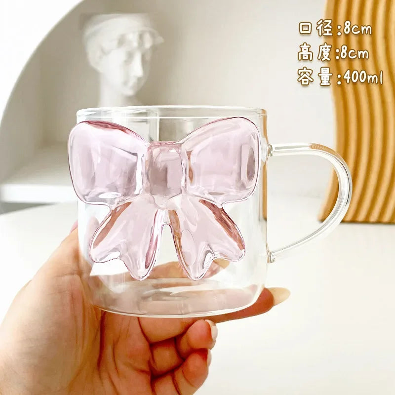 Transparent Glass Cup with Pink Bow Decor 1 Piece 13oz 400ml Creative Cute Lovely Coffee Glass Mug for Besties Girl