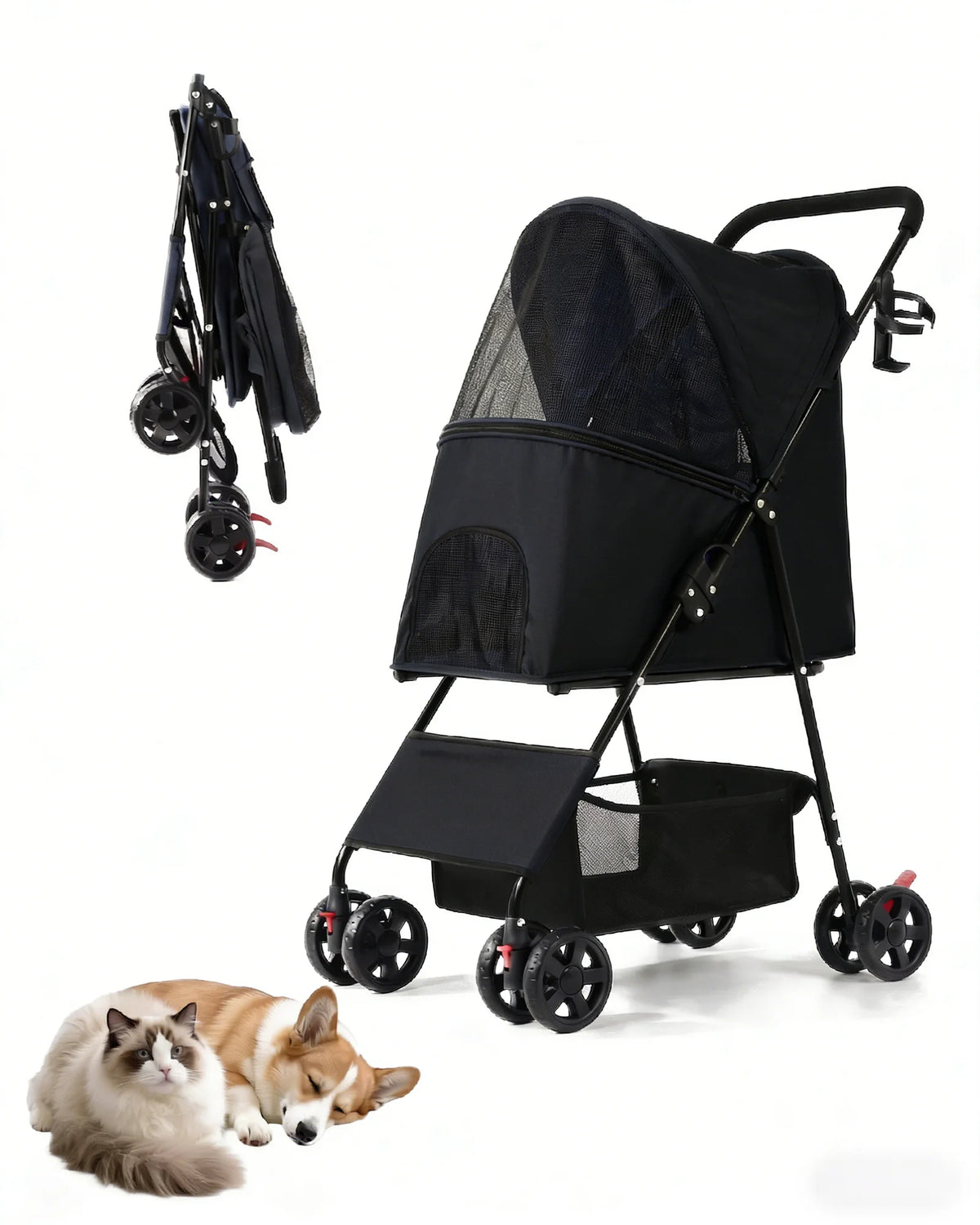 Lightweight foldable pet stroller by I YAN with breathable mesh, four wheels, suitable for small dogs and cats, portable travel design.