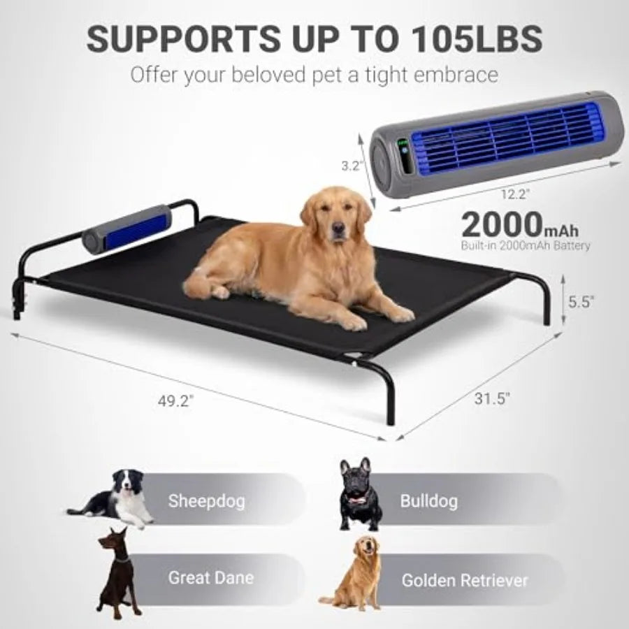 Elevated Outdoor Dog Bed with Fan - Cooling Dog Bed for Dogs Waterproof Cot Easy to Assemble 3 Wind Speed Raised Dog Bed with W