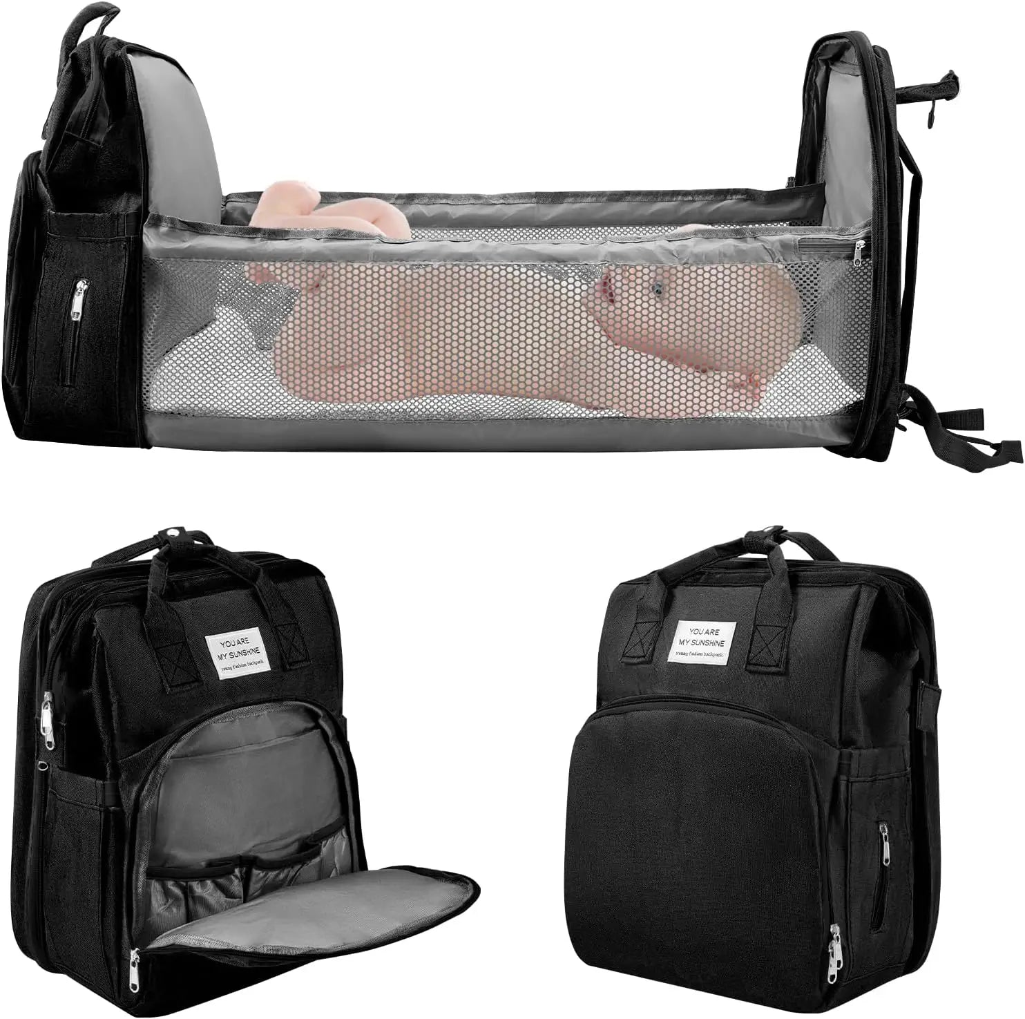 Baby Changing Nappy Bag with Changing Mat Large Capacity for Mum Waterproof Portable Backpack Foldable Bed Stroller StrapsTravel