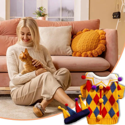 Clown Dog Costume with Hat – Funny Holiday Pet Sweater Outfit
