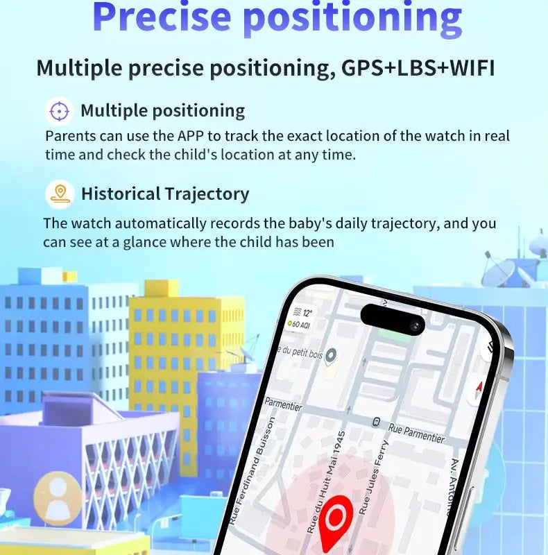 I YAN T70 kids smartwatch with GPS, SIM card, video call, waterproof design, and parental remote monitoring feature.