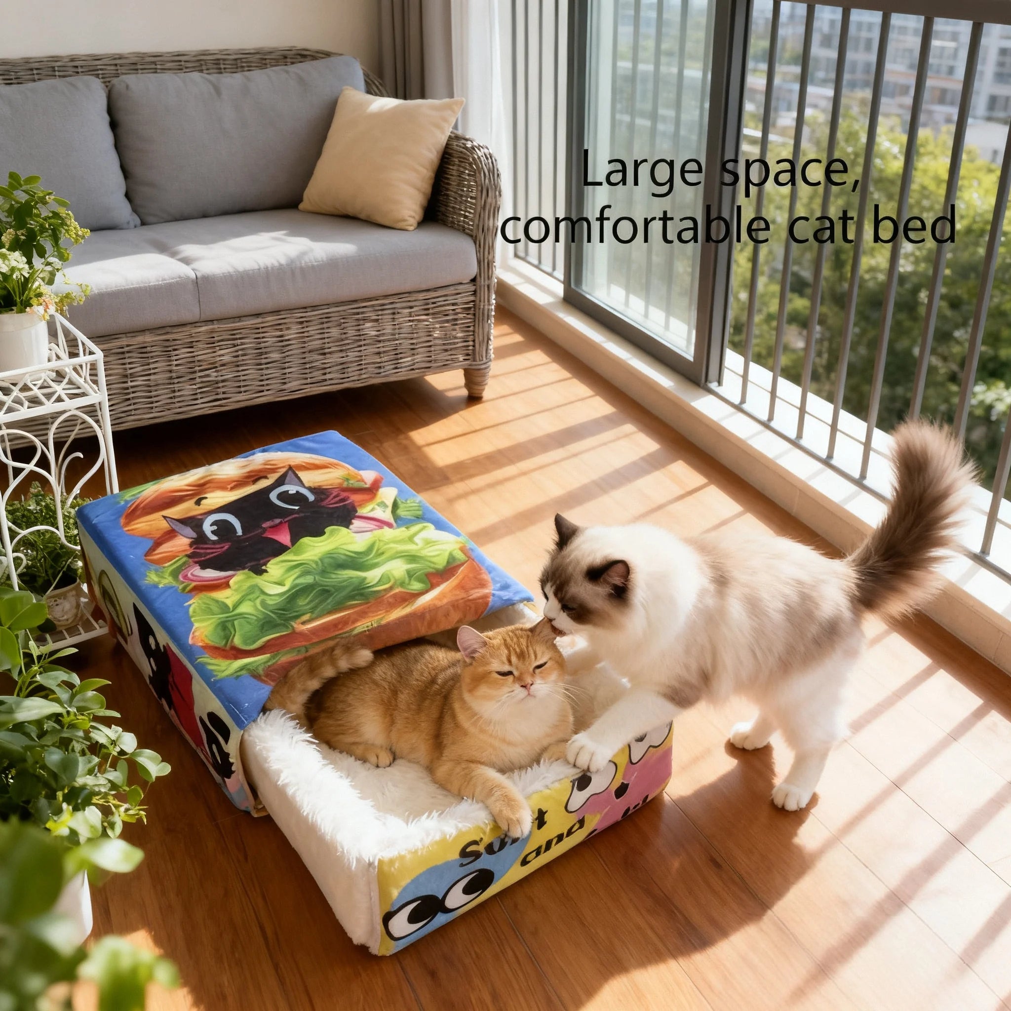 BOOTEELY Cartoon Hamburger Black Cat Snack Box Plush Cat Bed Spacious Cozy Pet Nest For Cats' Comfortable Rest With Cute Design