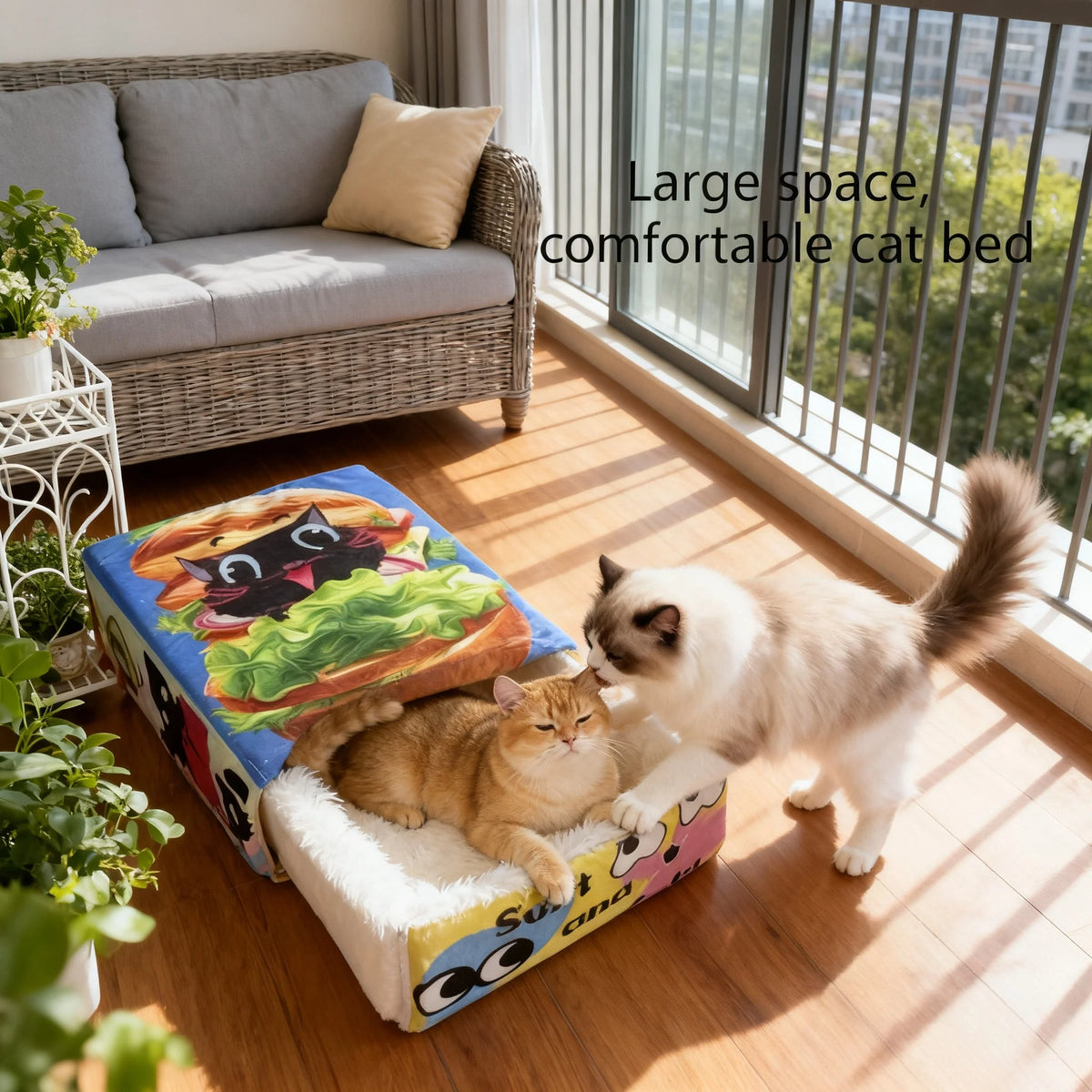 I YAN BOOTEELY plush cat bed shaped like a cartoon hamburger with a black cat design, cozy pet nest for comfortable cat resting.