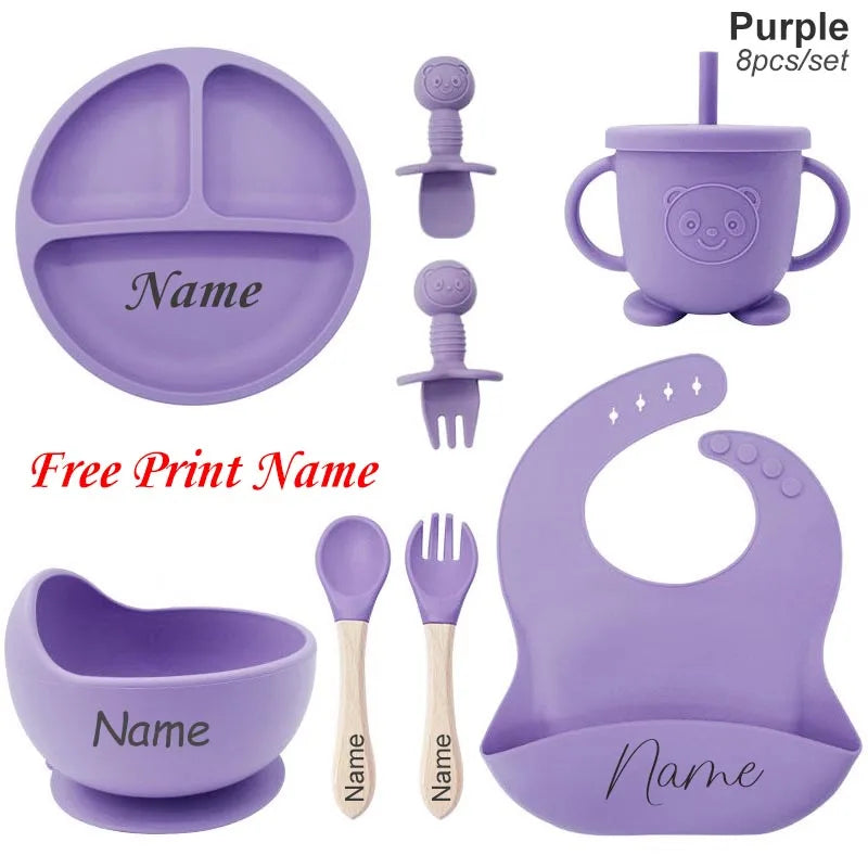 Personalized Baby Feeding Set 8-Piece – Silicone Plate Bowl Cup & Bib with Free Name Print - I YAN