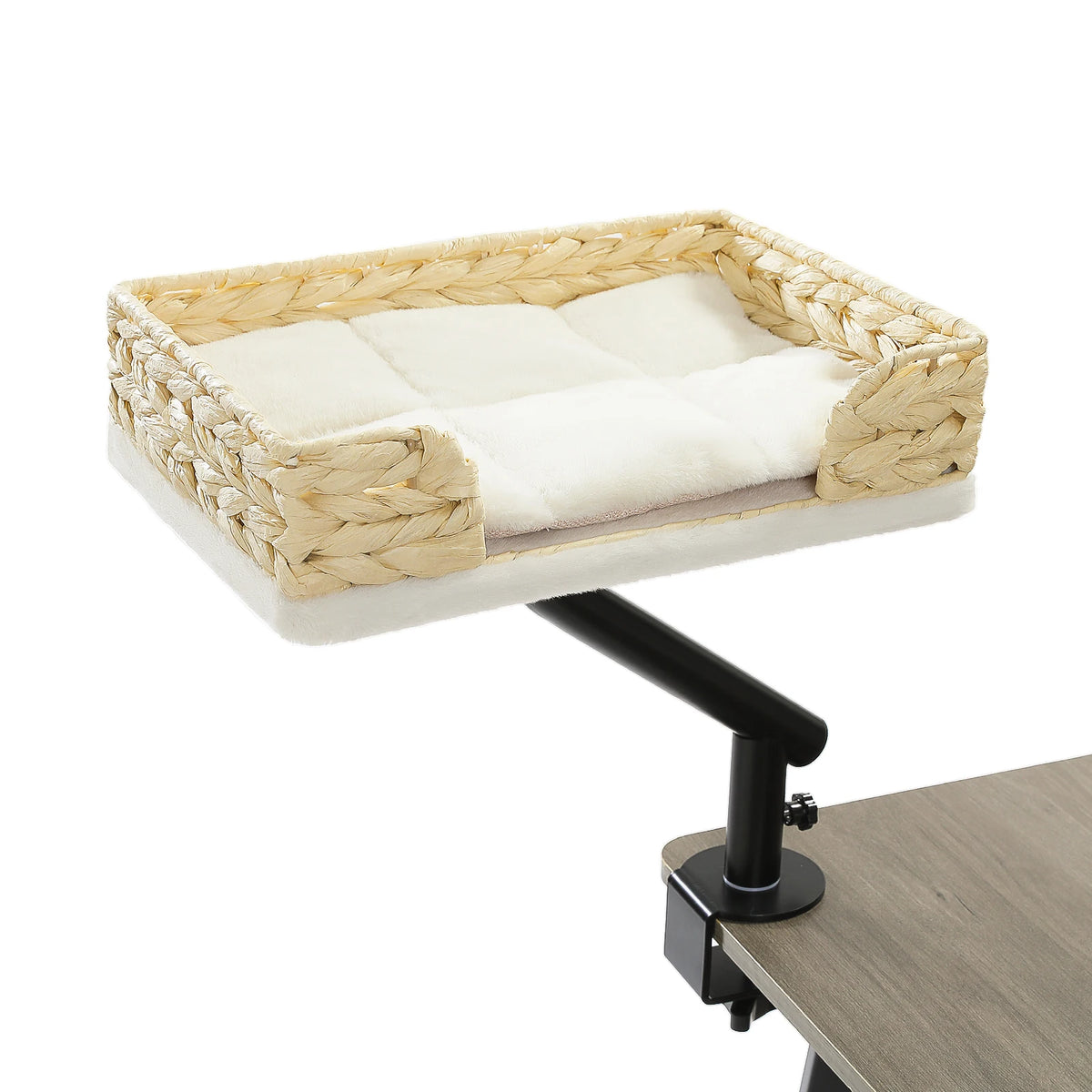 Soft cat desk bed on adjustable stand, featuring a cozy hammock for indoor cats with 360° rotation and comfortable design.