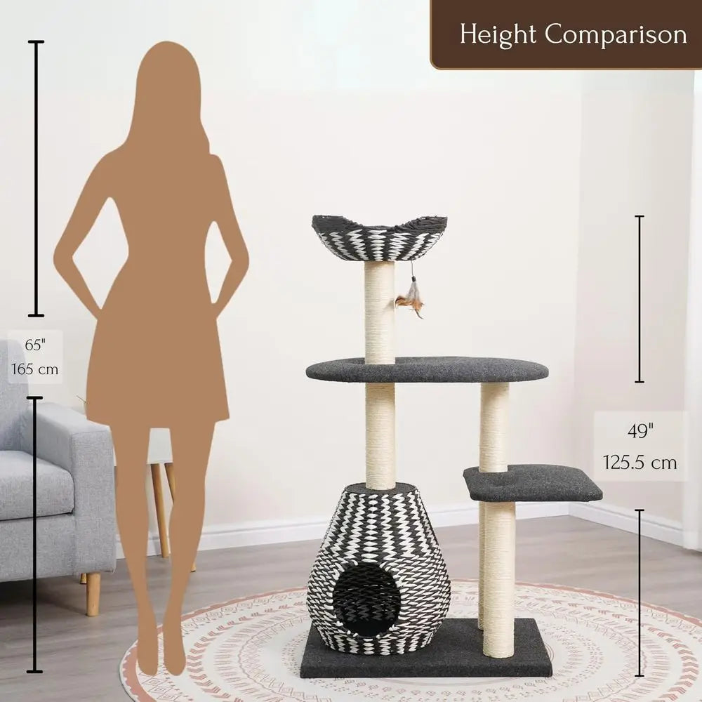 Handwoven Cat Tree with Condo, Top Bed & Sisal Posts - 2 Platforms, Recycled Paper Rope, Replaceable Sisal, Black & White
