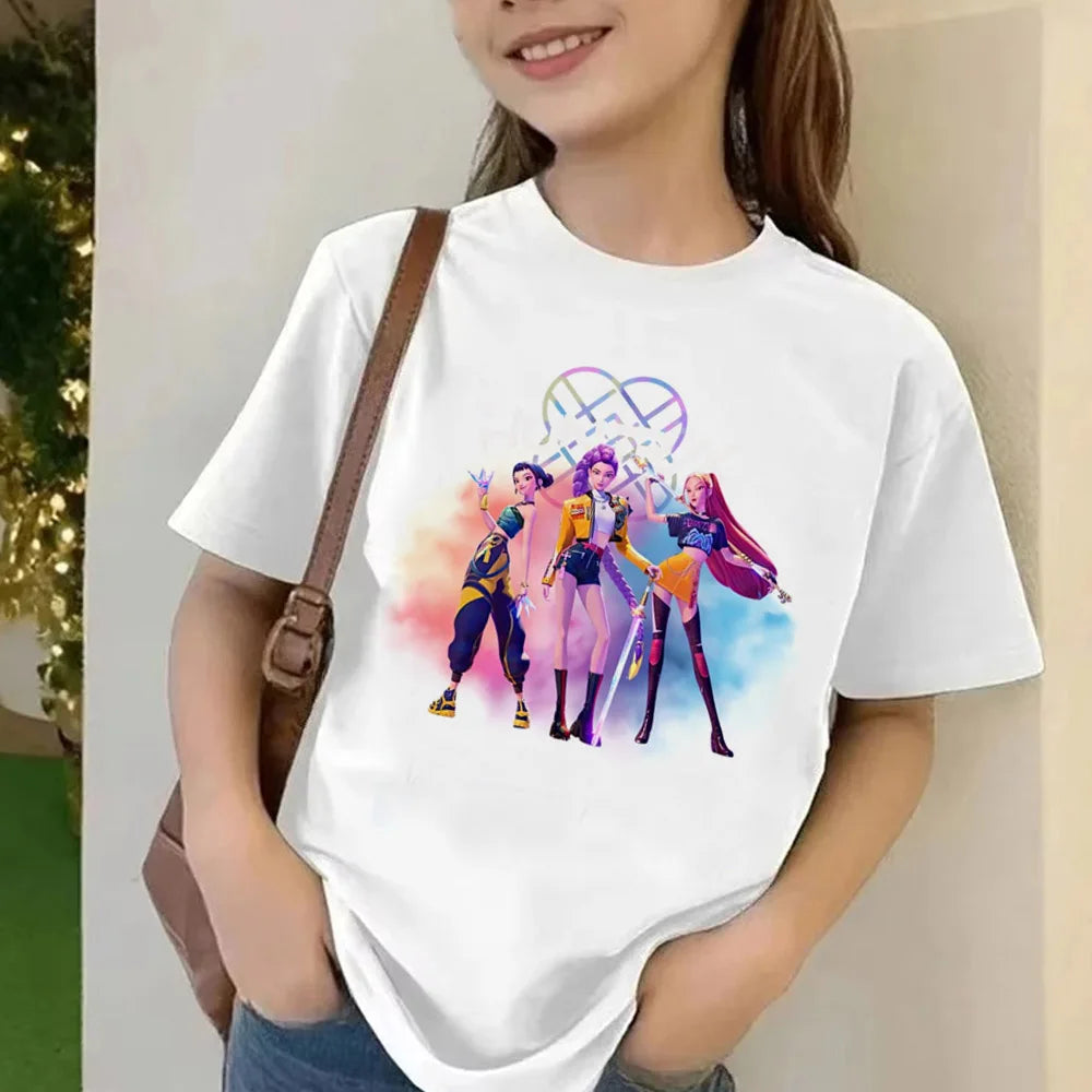 Movie KPop Demon Hunters T-shirt Summer Short Sleeve Tee for Children Casual Loose Girl Boy Graphic Printed Tops