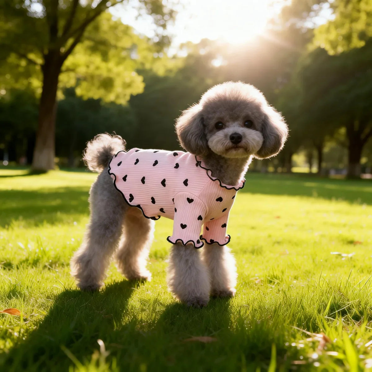 Pet T-shirt with stretch ribbed heart pattern, cute home vest for dogs and cats by I YAN, shown on a small furry pet.