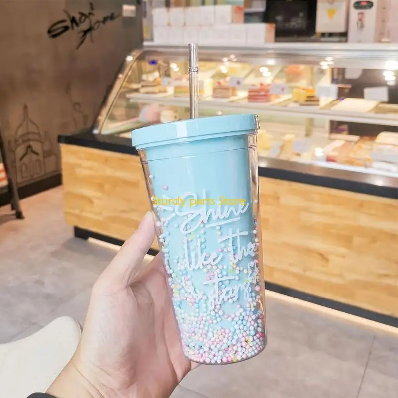 97QC 550ml Rainbow Plastic Water Bottle Double Layer Sequins Drinking Cup with Straw