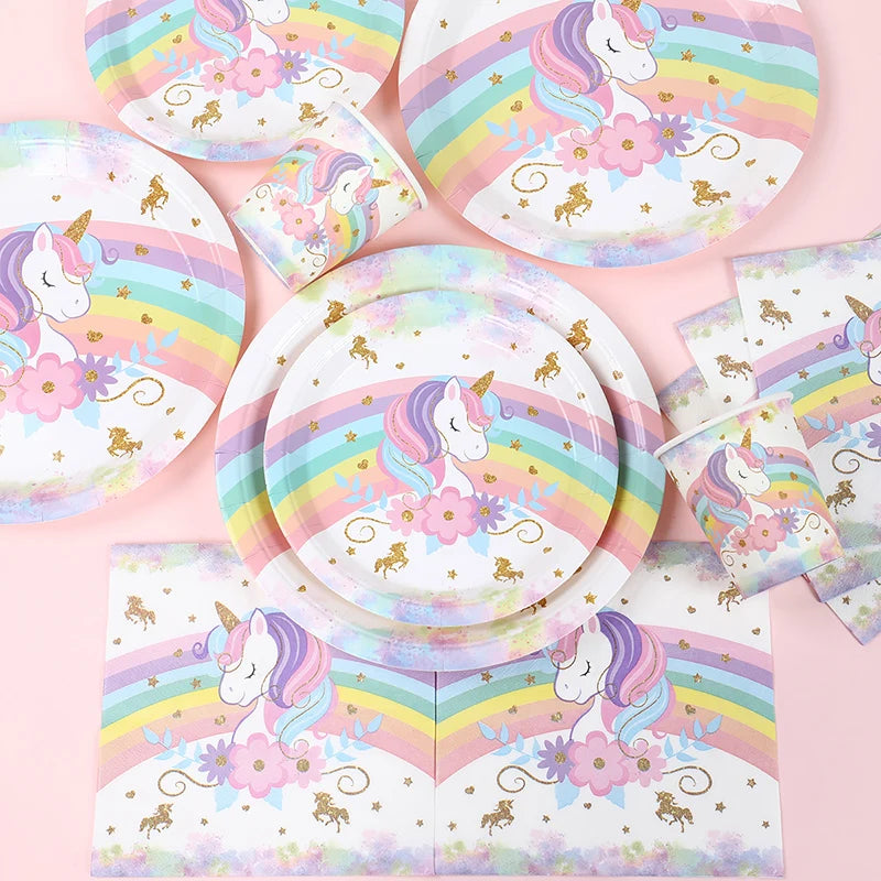 Unicorn Party Disposable Tableware Plates Napkin Rainbow Unicorn Birthday Party Decor Kids Birthday Party Supplies Baby Shower