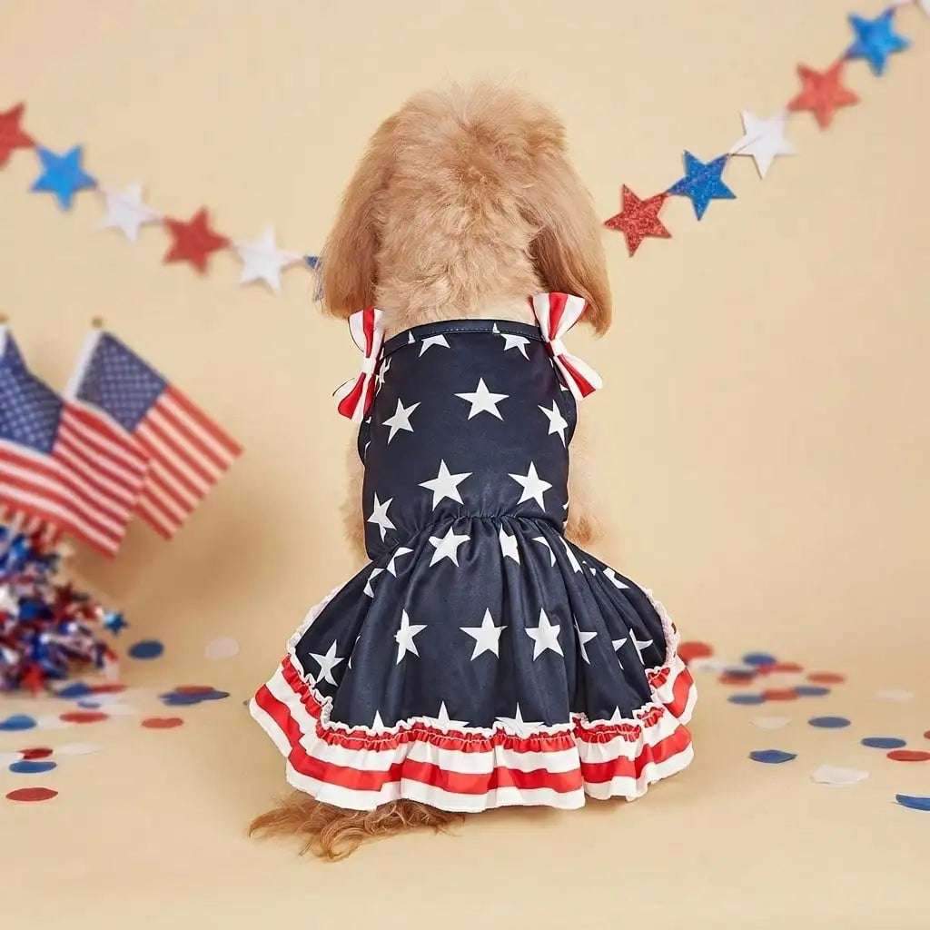 I YAN 1pc pet dog dress with red, white, and blue stripes, star pattern, and double bow for small and medium dogs or cats.