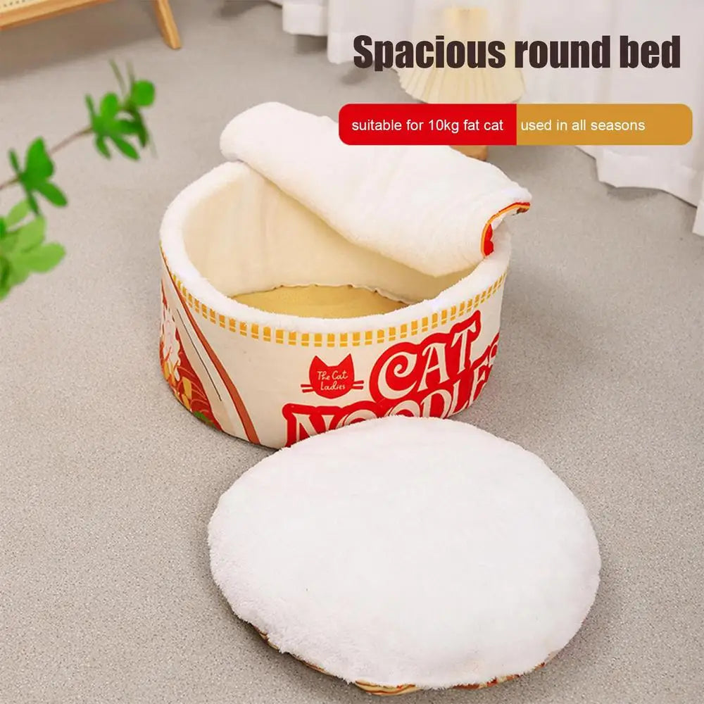 I YAN ramen noodle cat bed with bowl shape, soft pet house with cover for small to large cats, cozy indoor feline shelter