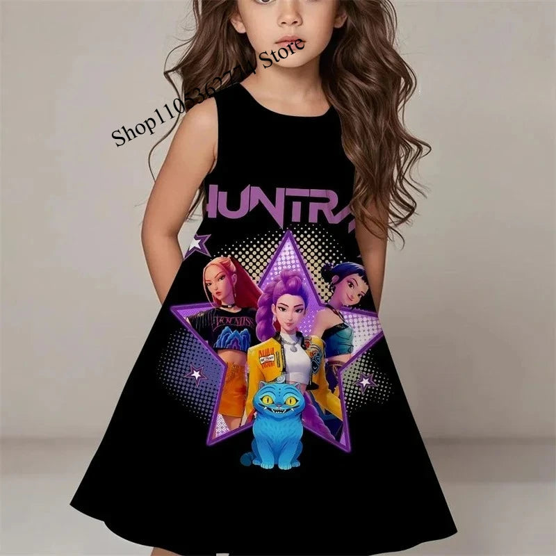 Kpop "Demon Hunter" Spring/Summer Sleeveless Dress - Cute and Playful Beach and Outdoor Children's Dress for Girls, Fashionable