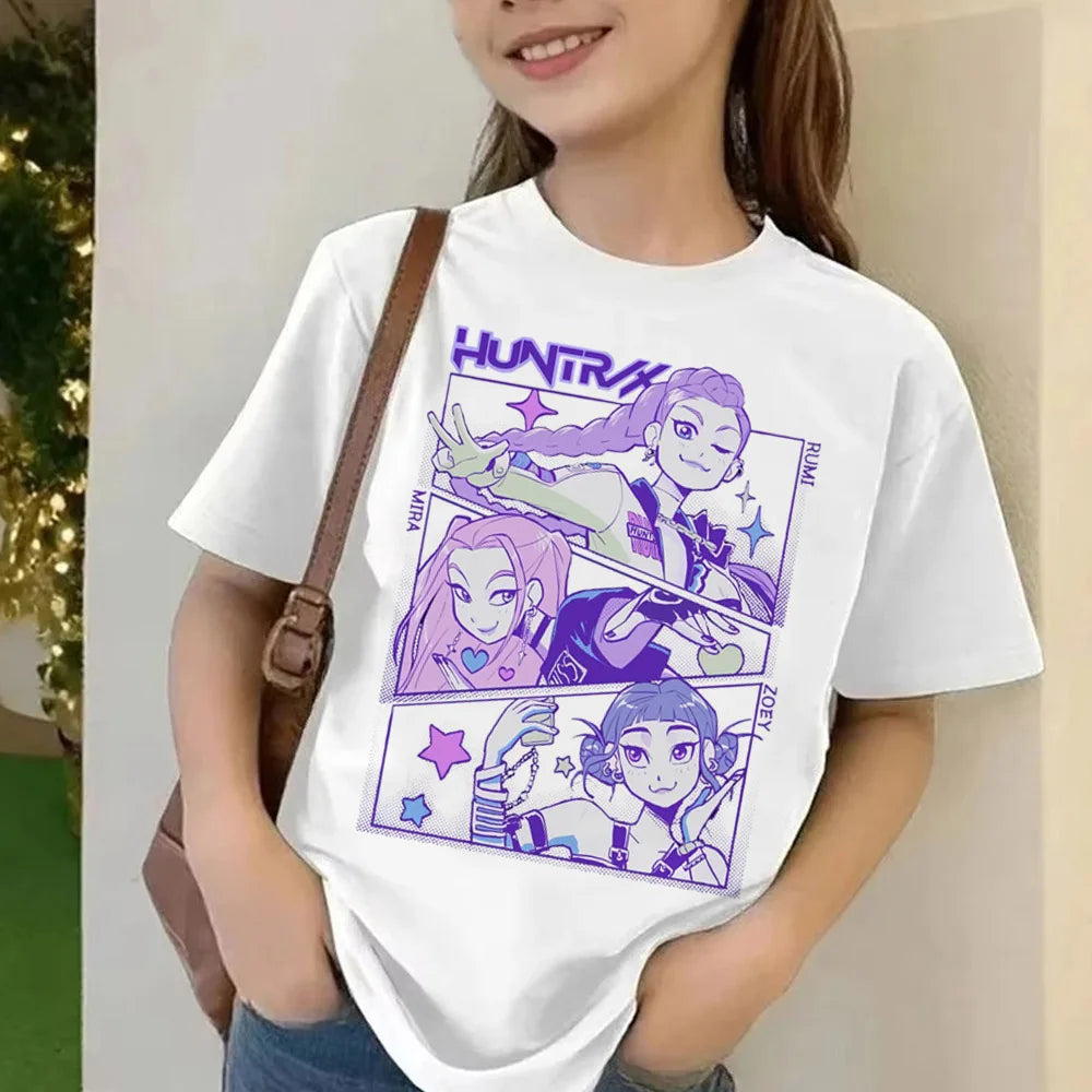 Movie KPop Demon Hunters T-shirt Summer Short Sleeve Tee for Children Casual Loose Girl Boy Graphic Printed Tops