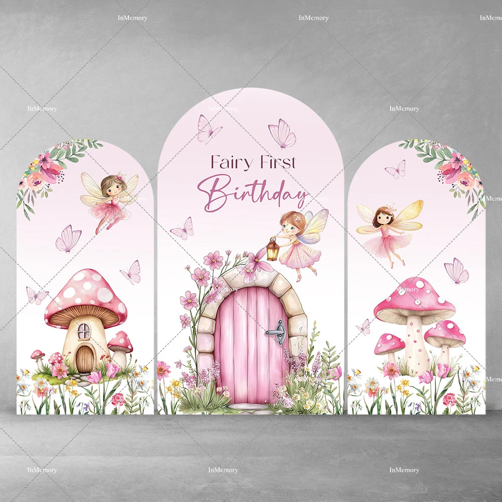 Fairy Girl 1st Birthday Party Arch Backdrop Spring Garden Pink Purple Butterfly Floral Mushroom Door Baby Shower Backgrounds
