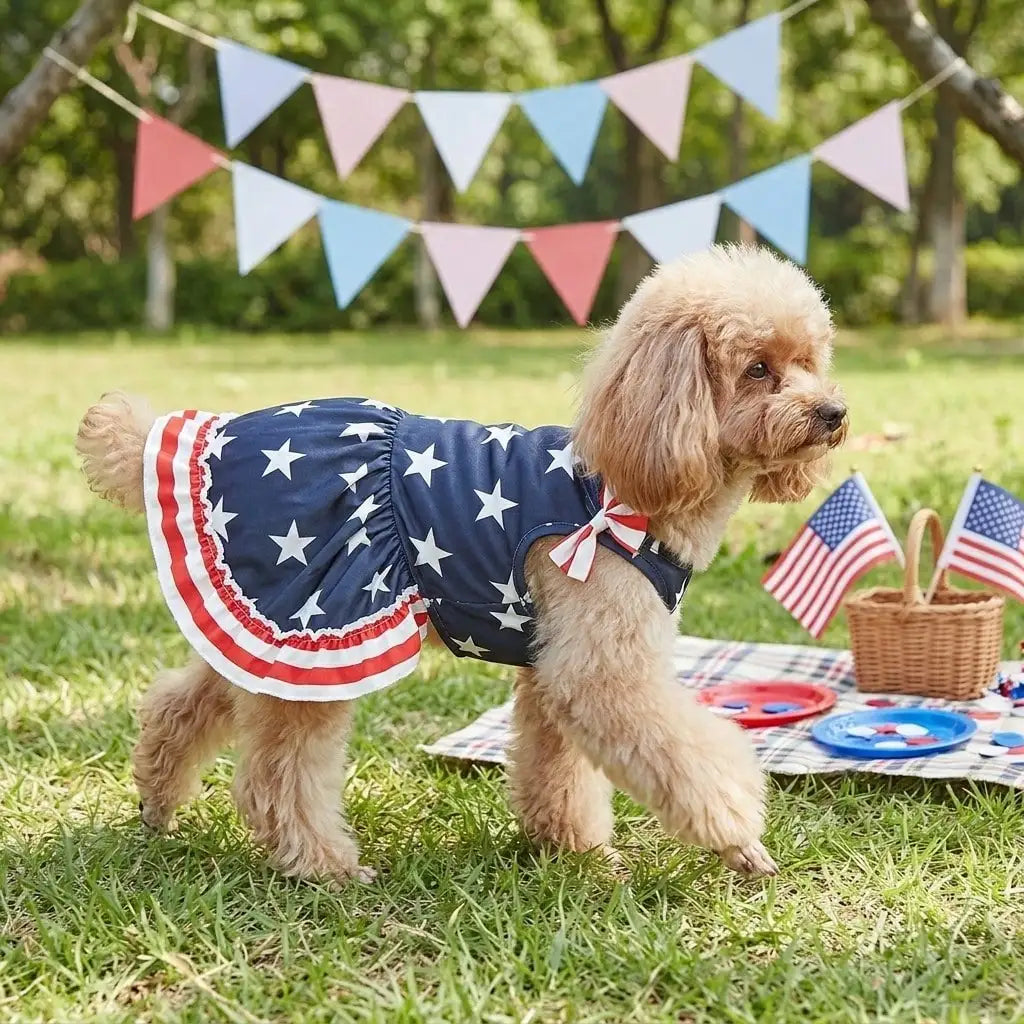 1pc Pet Dog Dress, 4th Of July Themed Striped Star & Double Bow Design, Suitable For Small/Medium Dogs & Cats, Independence Day Holiday Or Casual Wear, Fashionable Party Outfit
