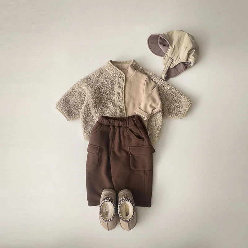 5125 Korean Children's Clothing 2024 Winter Boys and Girls Pure Color Lamb Wool Coat Plus Velvet Padded Jackets