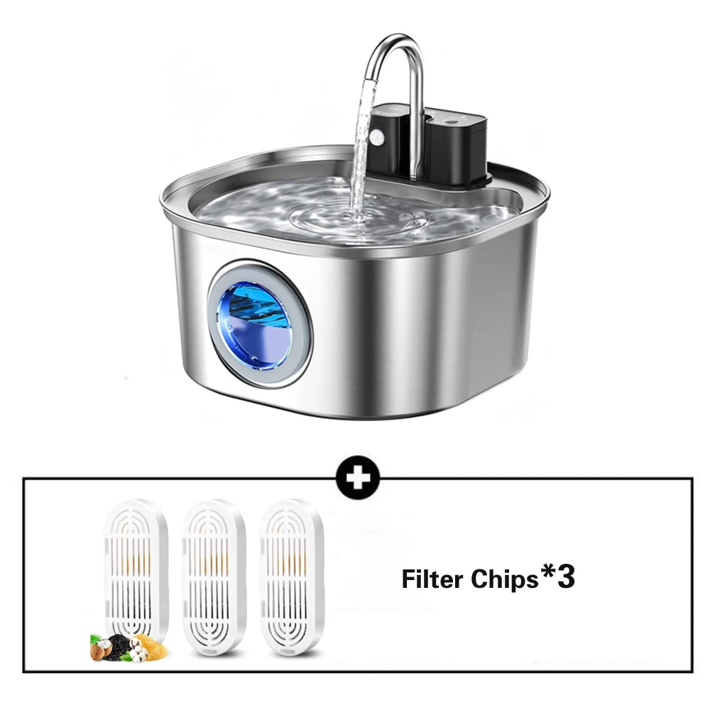 3.2L Automatic Cat Water Feeder with Motion Sensor Wireless Stainless Steel Pet Water Fountain Dog Water Bowl（No 5V 1A Plug）