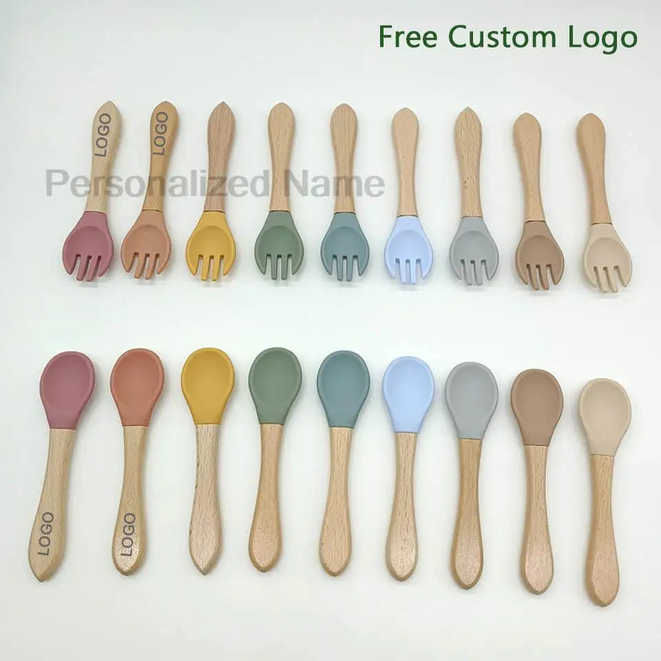 Baby Silicone Spoon & Fork Set – Soft BPA-Free Feeding Utensils with Wooden Handle - I YAN