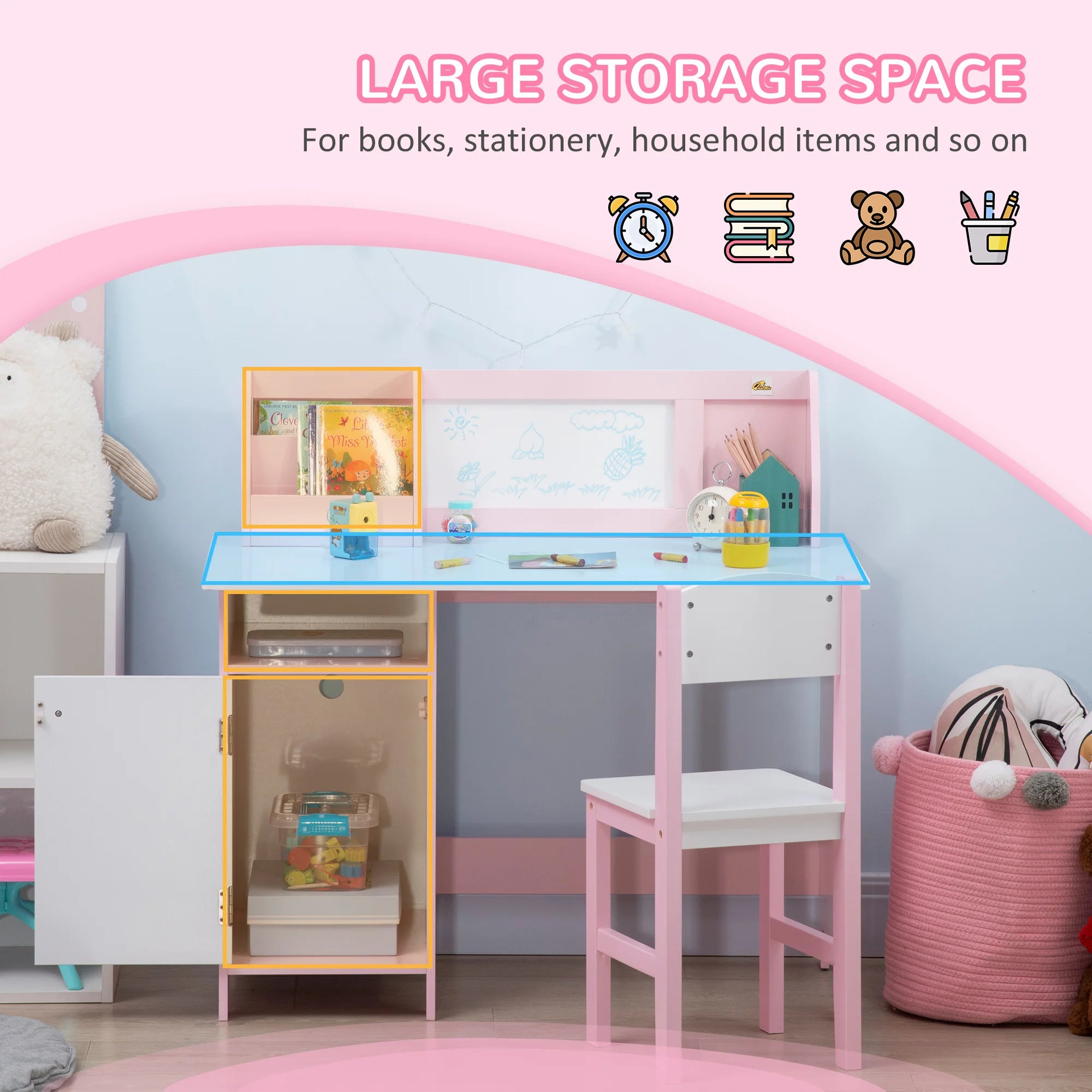 Pink toddler table and chair set by I YAN with a whiteboard, storage cabinet, and kid-friendly design for homework and activities.