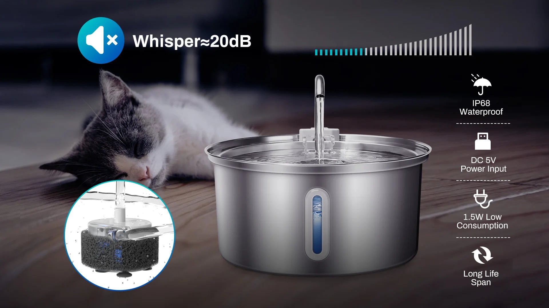Cat Water Fountain Stainless Steel, 108oz/3.2L Pet Water Fountain With Ultra Quiet Pump, Filtration System,Water Level Window