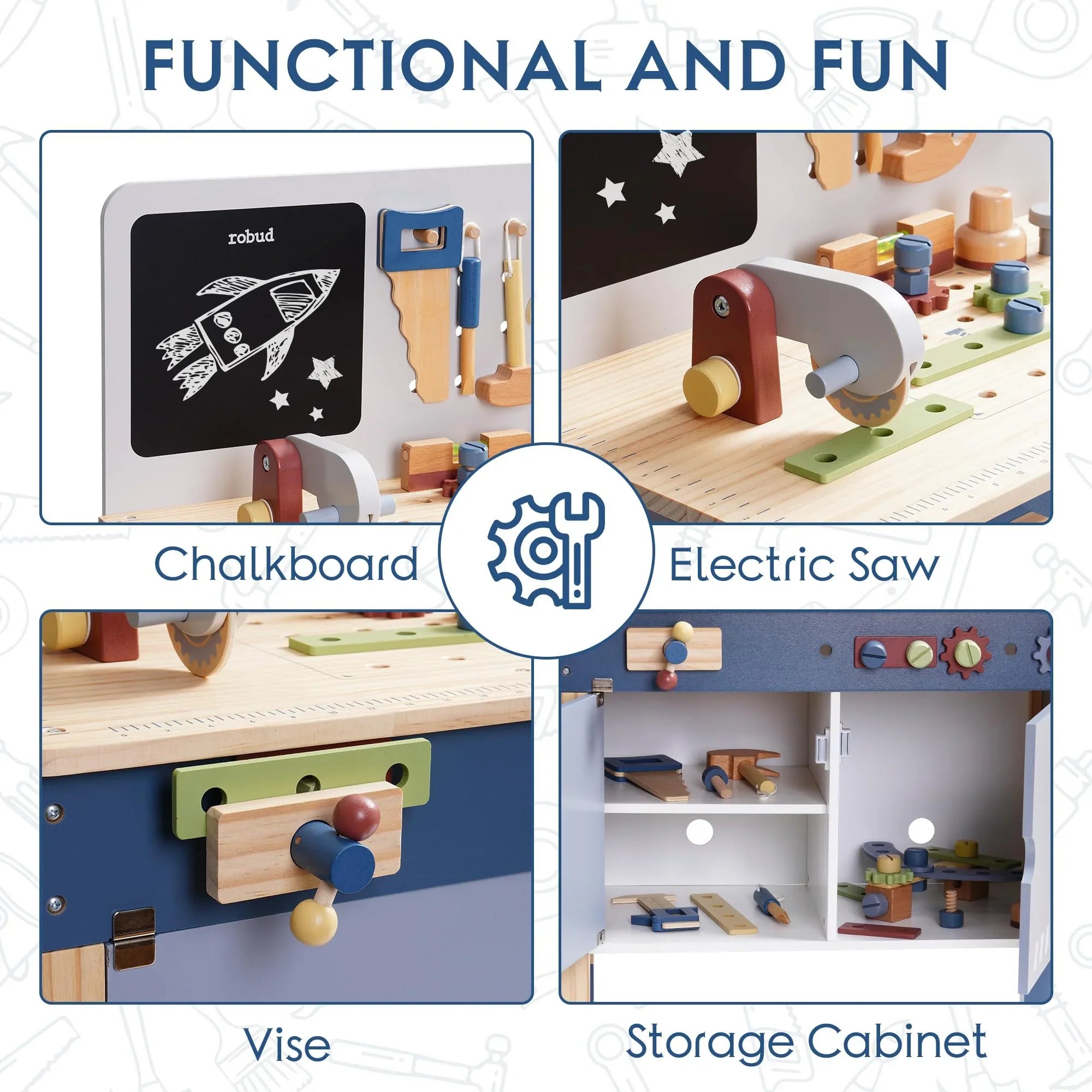 Robotime Robud wooden toy workbench by I YAN with tools and accessories for kids' pretend play and creative building.