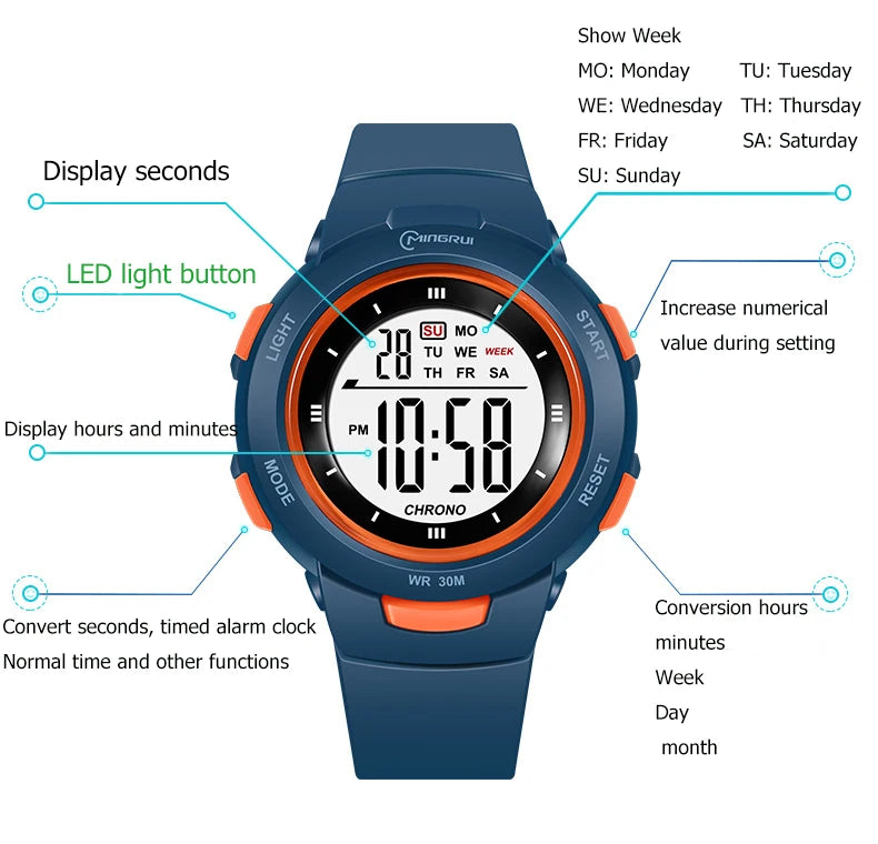 I YAN UTHAI CE49 kids smartwatch with luminous display, waterproof design, alarm, and electronic features for boys and girls.