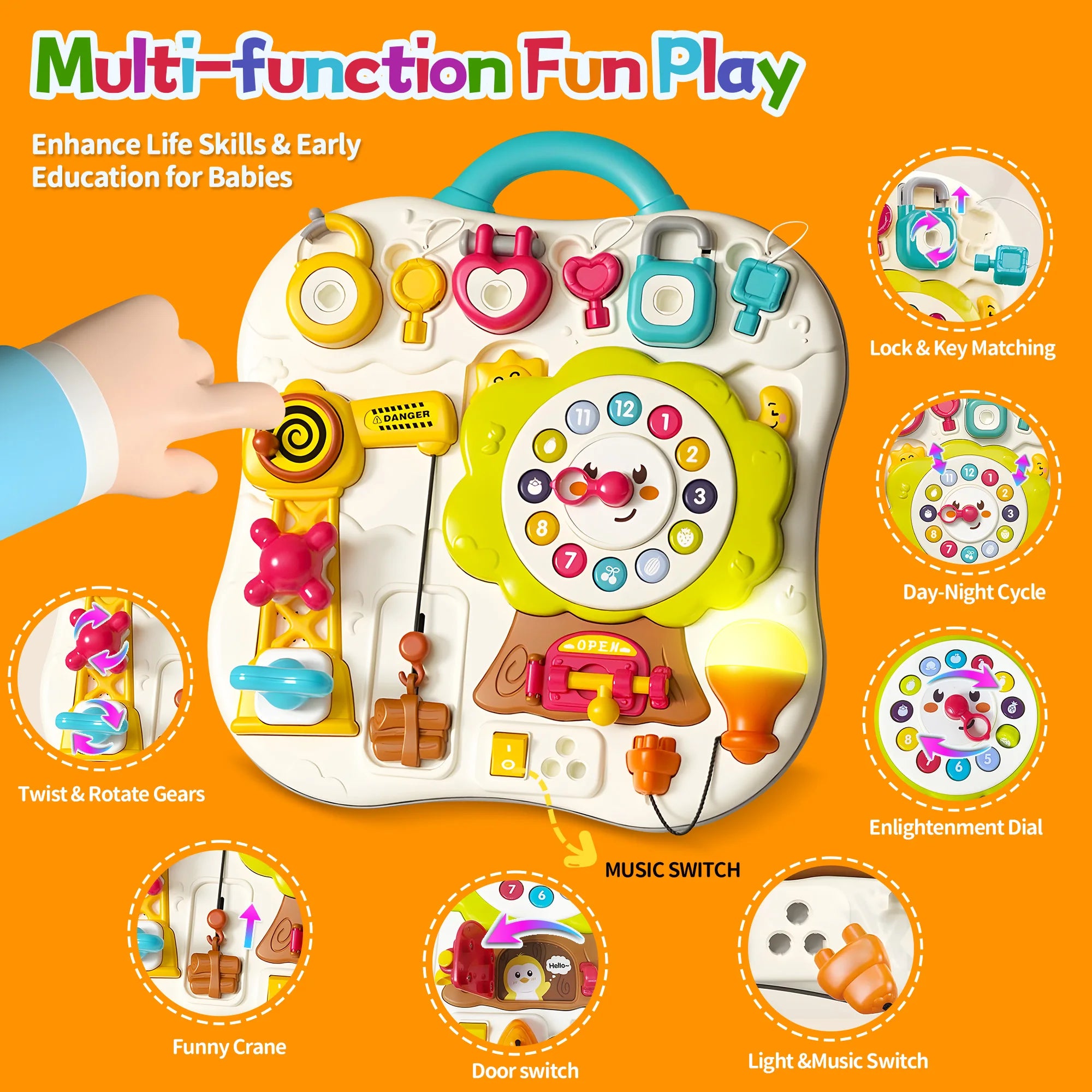 I YAN Montessori busy board sensory toy with music, LED lights, and activities for toddlers aged 1-3, suitable for travel.