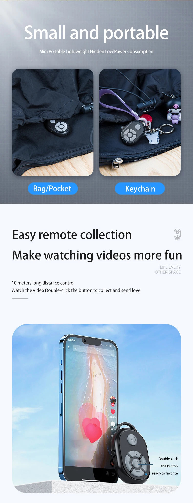 I YAN Bluetooth remote control for iPhone, Xiaomi, Android phones, showing compact design with buttons for selfie and camera control.