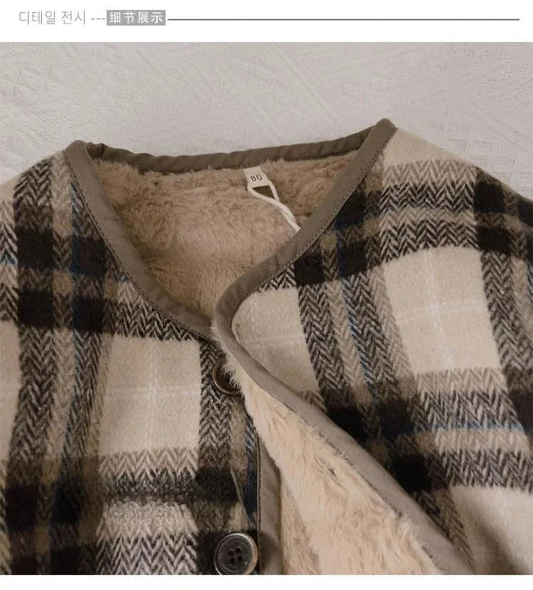 Woolen Plaid Children's Plush Coat Korean Version Autumn and Winter New Boys' and Girls' Coats Loose Baby Cotton Padded Clothes