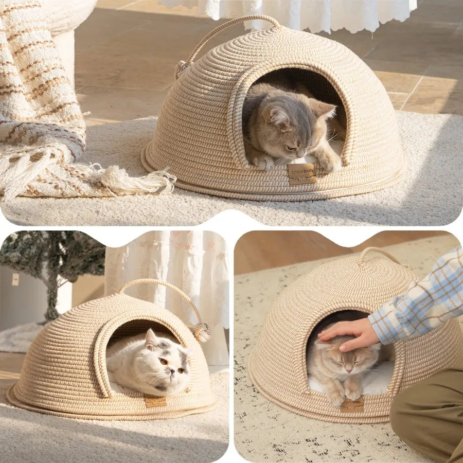 Cat Cave Bed with Cushion, 21*21in All-Season Large Cats House Tent with Toy Ball for Indoor