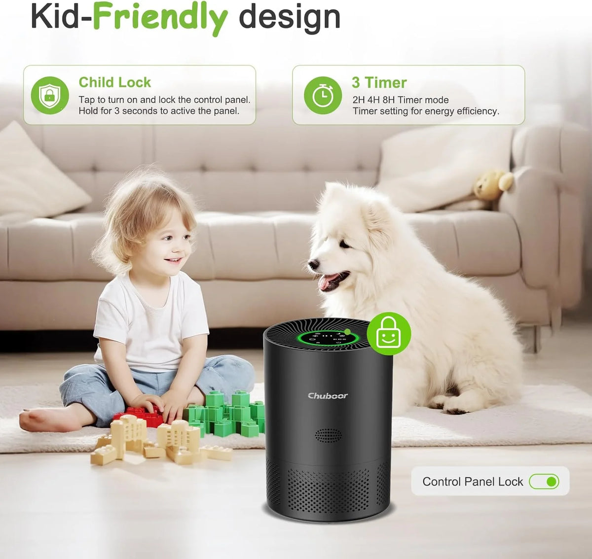 I YAN Chuboor smart air purifier for bedroom with HEPA filter, app and Alexa control, PM2.5 monitor, suitable for pets and living rooms