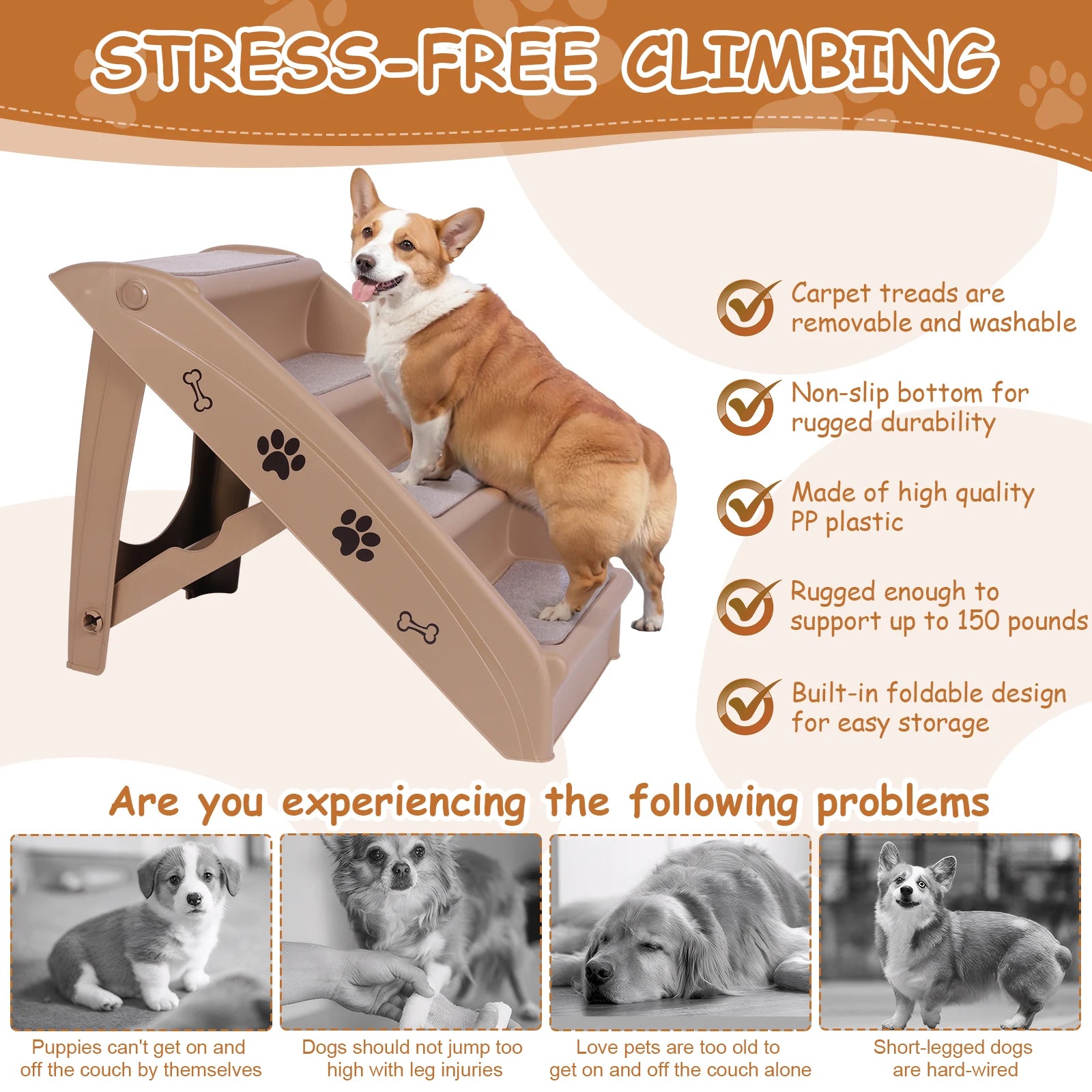 4-Step Pet Dog Stairs Foldable Cat and Dog Steps Nonslip Dog Stairs Ramp Sofa Ladder Pet Furniture for High Bed Chair Couch Sofa