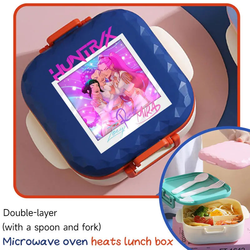 I YAN 800ml BPA-free lunch box with spoon and fork, microwave-safe, portable for students and office workers, featuring K-pop design.