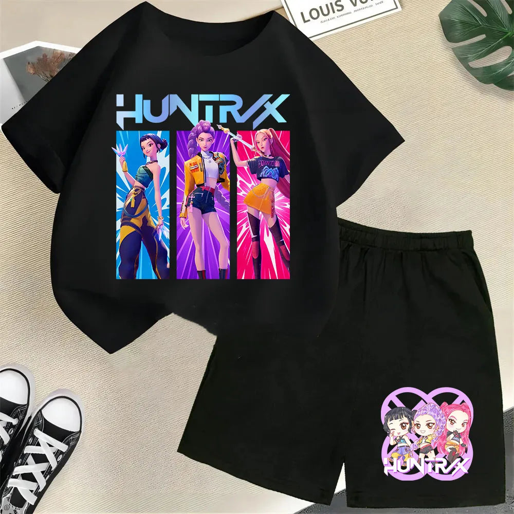 KPop Demon Hunters Saja Boys Kids T-Shirt – Cartoon Print Round Neck Casual Top (2pcs Set) - I YAN