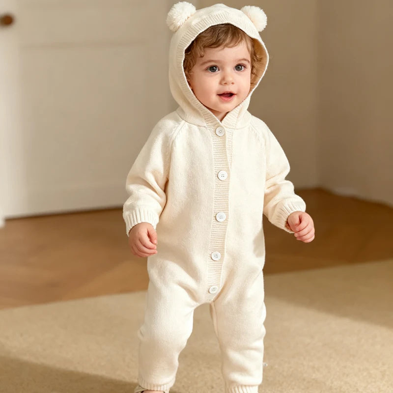 2026 New Spring 0-24M Toddler Baby Boys Girl Knitted Romper Long Sleeved Solid Color Hooded Infant Baby Knitted Jumpsuit