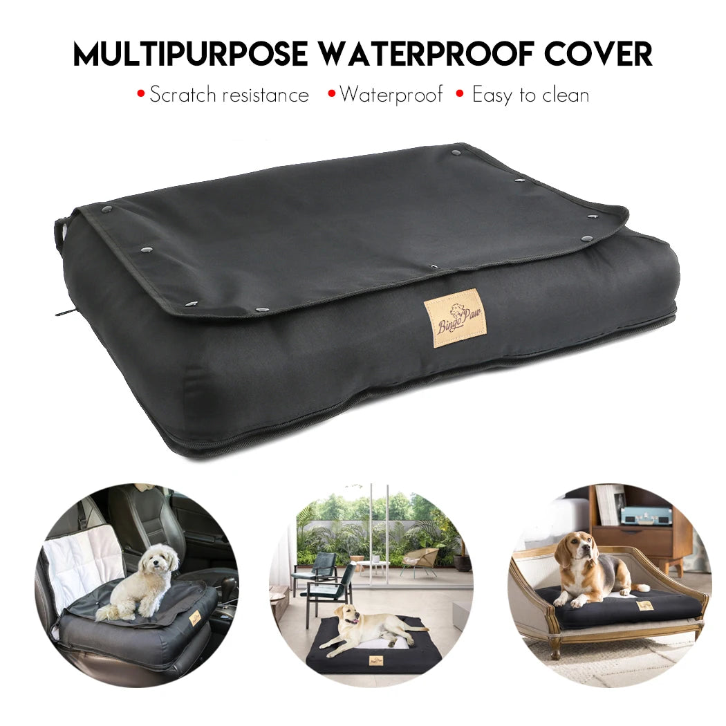 Waterproof dog car seat bed with removable pad cover and safety belt, available in three sizes for comfortable pet travel by I YAN.