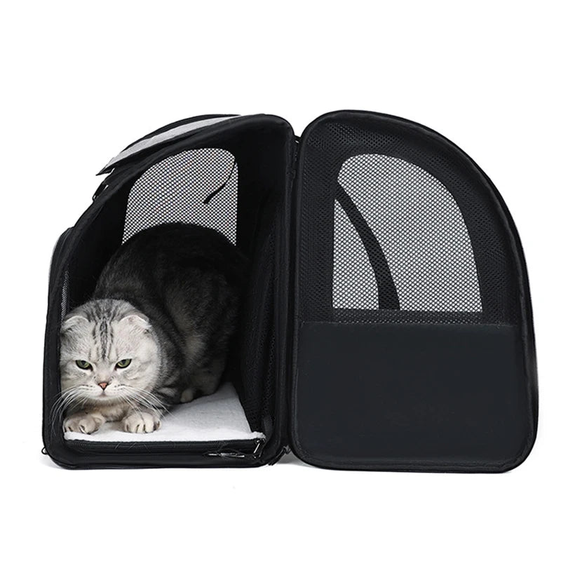 Expandable I YAN cat carrier backpack with shade cover and breathable mesh for small cats and dogs, ideal for travel.