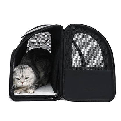 Expandable I YAN cat carrier backpack with shade cover and breathable mesh for small cats and dogs, ideal for travel.