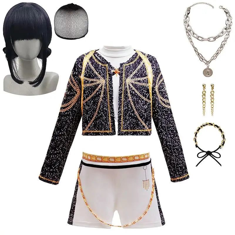 Kids K-Pop girls cosplay costume set featuring Rummi and Zoe characters, colorful outfits for children ages 2 to 12.