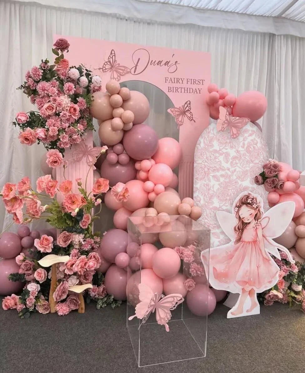 Mehofond Custom 2-Sided Pink Floral Pattern Stripe Girls Birthday Party Baby Shower Covers Chiara Arch Background Decor Backdrop
