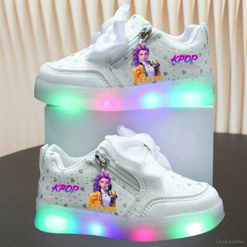 LED Casual Sneakers For Spring Girls KPop Demon Hunters Printed Mesh Breathable Shoes Children Lighted Non-slip Pink Purple