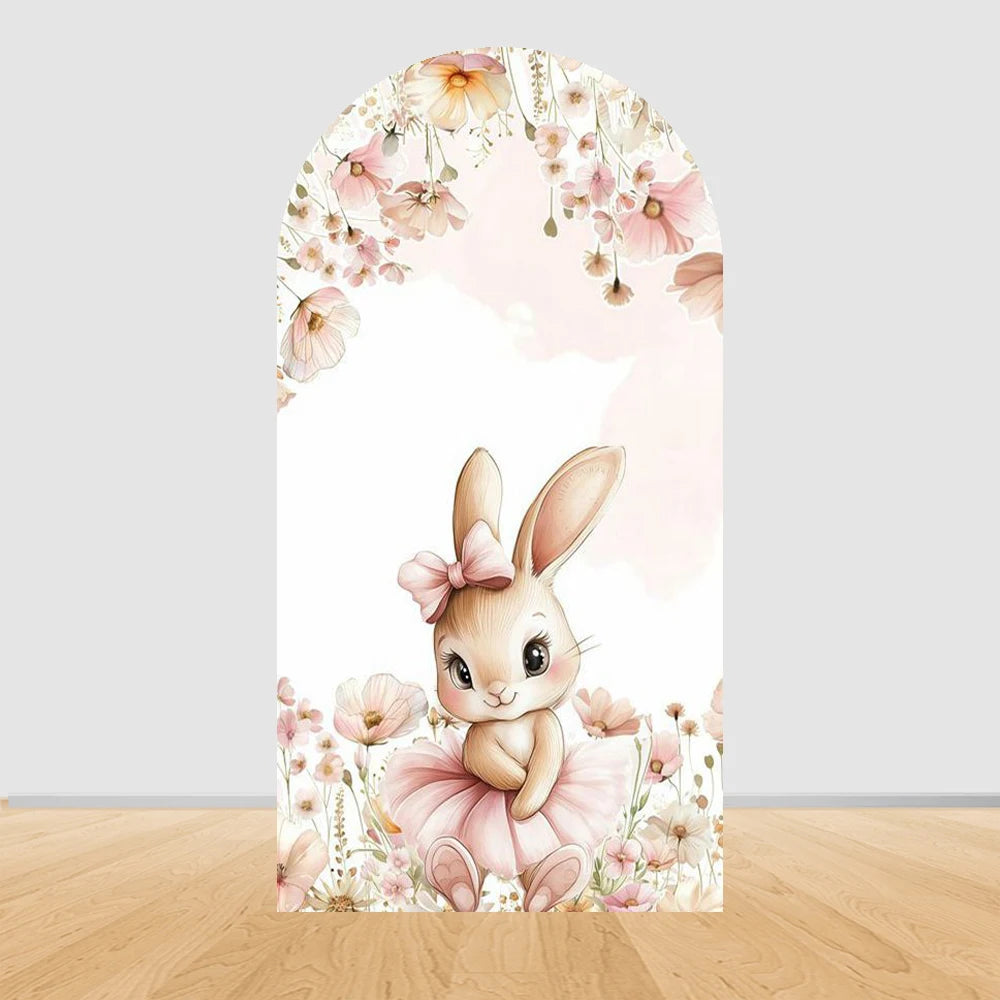 Easter Bunny Rabbit One Birthday Arch Backdrop Cover Pink Dress Floral Bowknot Sweetheart Girl Cake Party Decor Photo Wall