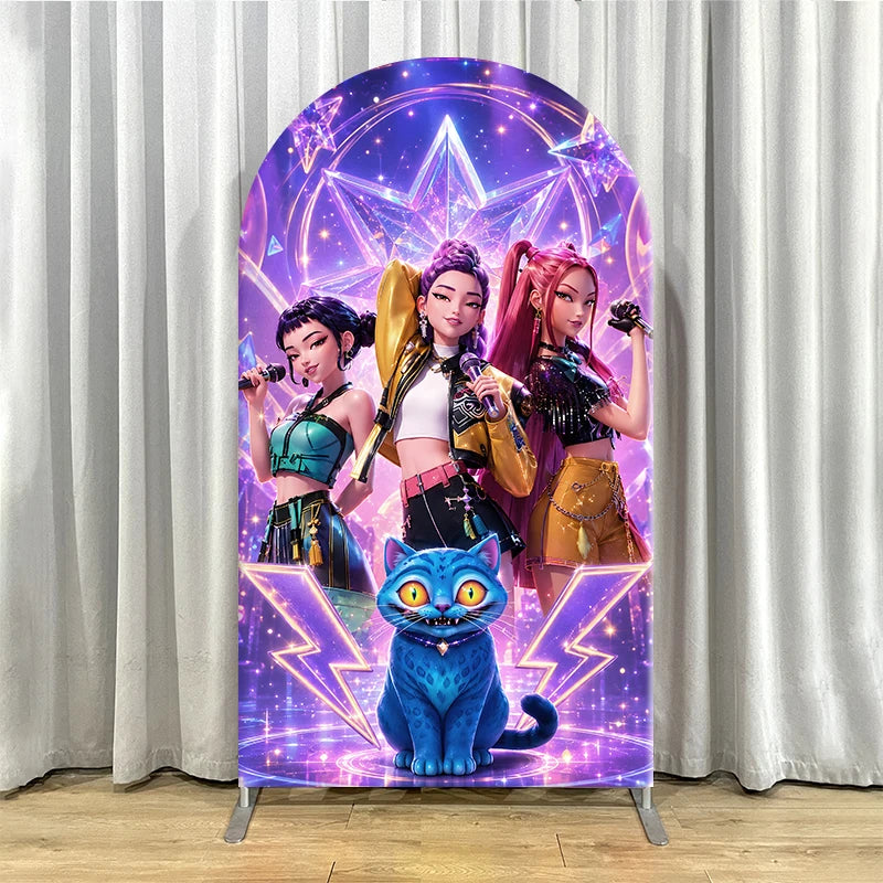 Kpop Demon Hunters Arch Backdrop CoverGirl Group Birthday Arched Banner, Spandex Elastic Photo Booth Background for Party Decor
