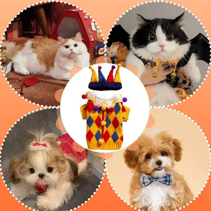 Clown Dog Costume with Hat – Funny Holiday Pet Sweater Outfit