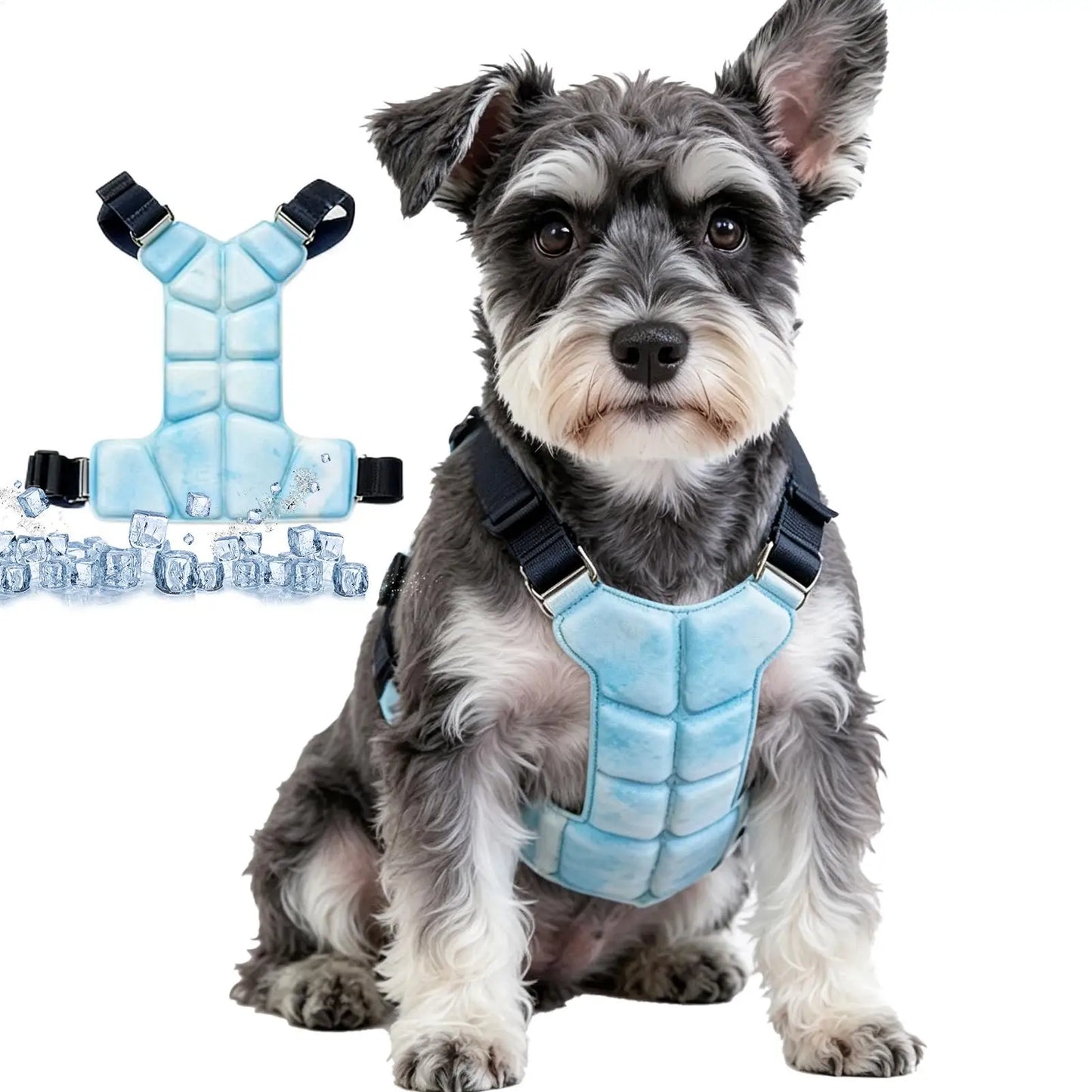 Lightweight I YAN Gel Dog Cooling Vest harness on small dog, providing heat relief and comfort during hot weather.